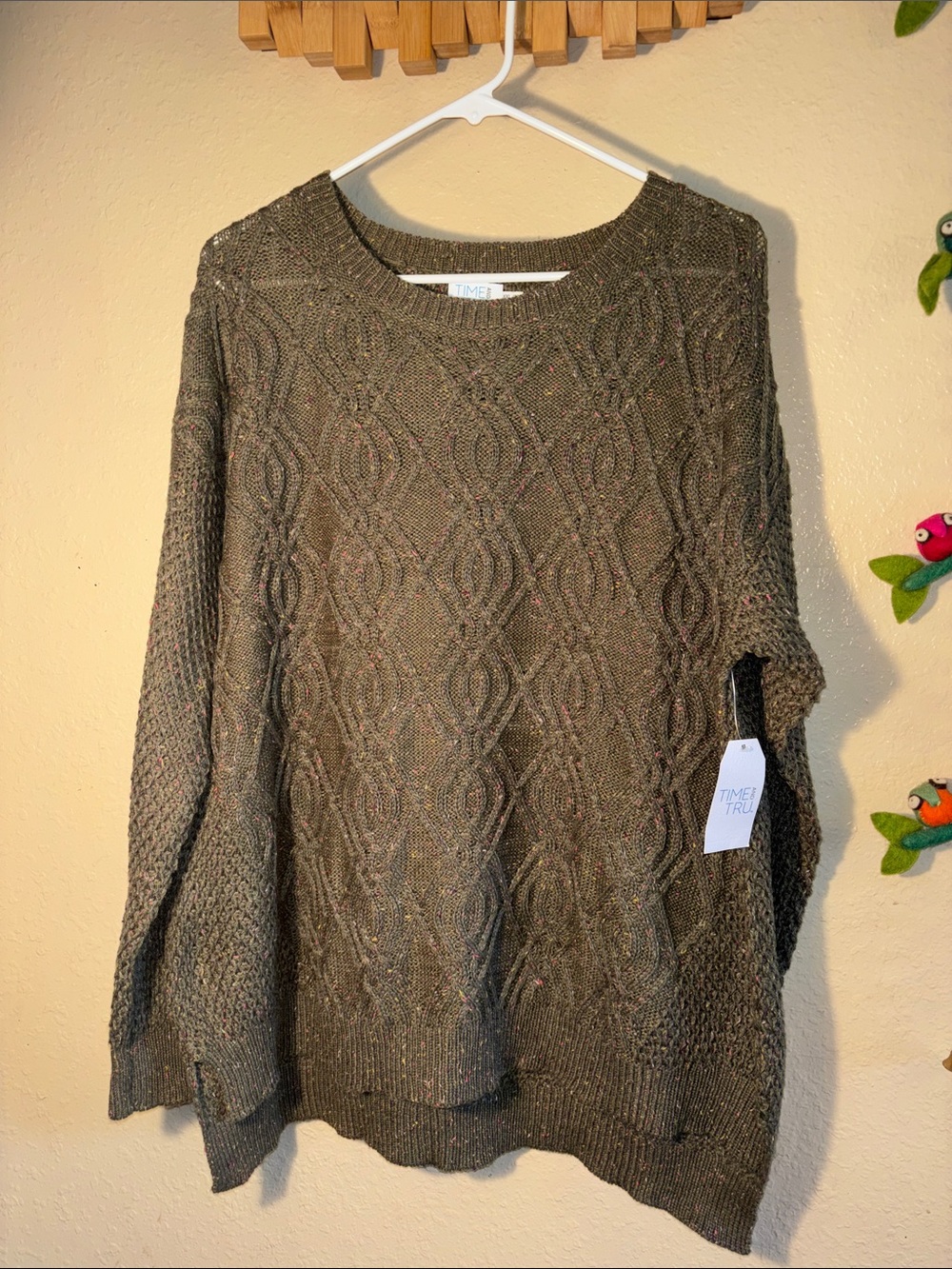 NWT Time and Tru olive branch green crewneck cable sweater size XXL